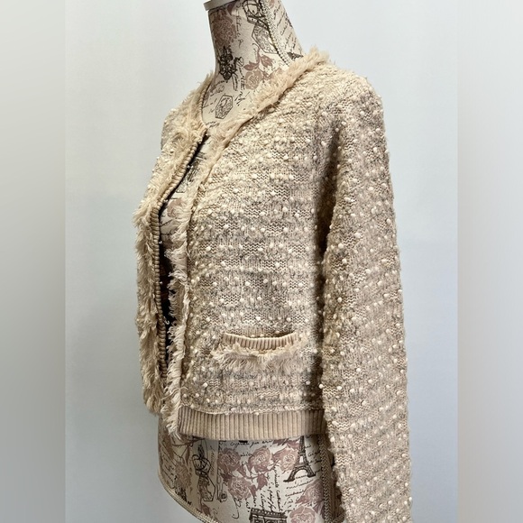 INTERNATIONAL CONCEPTS Cream fringe pearl like detail cardigan sweater size S - Picture 6 of 13